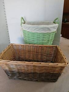 lot 1216 image: 2 Woven Baskets Green Round with Handles 14 in height 15 diameter and and Natural Rectangular7x17x11