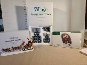 lot 1313 image: Village Evergreen Trees Cold Cast Porcelain Set of 3 and accessories