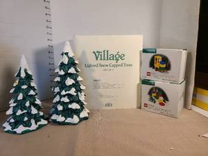 lot 1314 image: Department 56 Village Lighted Snow Capped Trees Set of 2 with Lego Department  56 Accessories