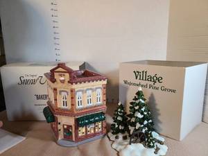 lot 1342 image: The Original Snow Village Bakery 1878 Handpainted Ceramic Building and Village Wagonwheel Pine Grove Figurine Set
