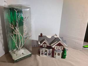 lot 1344 image: Village Winter Birch Tree Figurine with farm House Building Lot