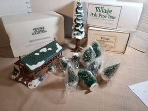 lot 1366 image: Department 56 Heritage Village Collection Two Rivers Bridge and Pole Pine Tree Frosted Topiary Trees Lot