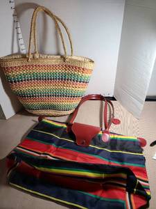 lot 1387 image: Woven straw tote with multicolor striped shoulder bag that folds up