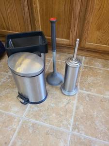 lot 1401 image: Bathroom Accessory Set Stainless Steel Pedal Bin Plunger Brush Holder