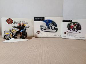 lot 2006 image: Department 56 Snow Village Harley-Davidson Ceramic Figurines Lot of 3