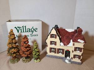 lot 2023 image: Village Autumn Trees Set of 3 & Sonoma House Figurine Lot