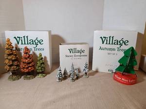 lot 2026 image: Village Autumn Trees Set of 3, Snowy Evergreens Set of 6, Mini Lights Tree Lot