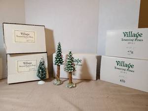 lot 2030 image: Village Frosted Topiary Trees and Towering Pines Figurine