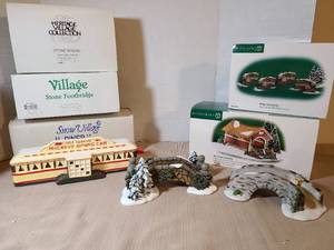 lot 2041 image: Snow Village Lot Mickeys Dining Car Stone Bridge Porcelain Figurines