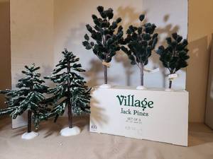lot 2043 image: Department 56 Village Jack Pines Set of 3 9 12 15 inches 2 boxes, Hemlock trees Set of two