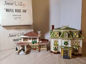 lot 2045 image: Snow Village Maple Ridge Inn Prairie House 2-Piece Handpainted Ceramic