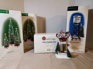 lot 2051 image: Department 56 Snow Village Harley-Davidson Ceramic Accessory Lot and trees
