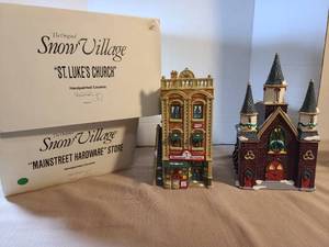 lot 2097 image: Snow Village Mainstreet Hardware Store and St. Lukes Church Ceramic Buildings Lot