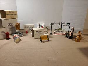 lot 2099 image: Snow Village Ceramic Accessory Lot with Benches, Signs, and Figurines