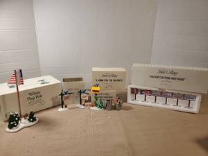 lot 2104 image: Snow Village Handpainted Accessory Collection Lot Flag Pole Sale Signs Trash Cans Election Yard Signs