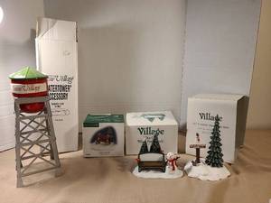 lot 2107 image: Department 56 Snow Village Lot Water Tower Park Bench Signs Accessories
