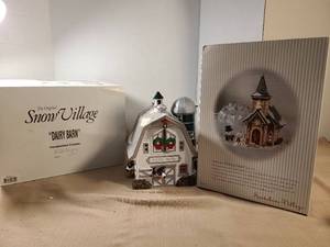 lot 2113 image: Snow Village Dairy Barn and Mistletoe  Wedding  Chapel Handpainted Ceramic Building 5446-1