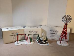 lot 2125 image: Snow Village Handpainted Ceramic Accessory Lot Winter Playground Fountain Windmill