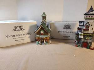 lot 2137 image: Heritage Village Collection North Pole Series North Pole Chapel  and post officeHandpainted Porcelain