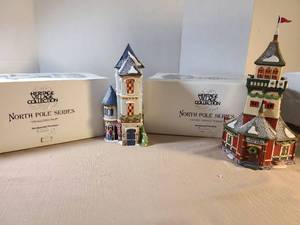 lot 2138 image: Heritage Village Collection North Pole Series 2 Porcelain Buildings Tin Soldier Shop Santas Lookout Tower