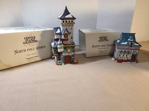 lot 2141 image: Heritage Village Collection North Pole Series Post Office and Beard Barber Handpainted Porcelain
