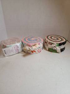 lot 2366 image: 3 Fabric Jelly Roll Bundles Assorted Prints and Colors