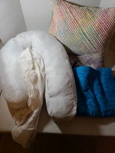 lot 2424 image: Body Pillow U-Shaped with Multicolor Pillow Cover and Blue Fabric Cover