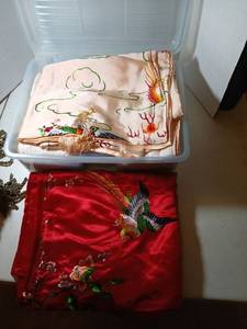 lot 2426 image: Silk fqbric with Bird and Floral Designs with sterling tote