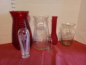 lot 7024 image: Glassware Lot  Red and Clear Vases Bottles