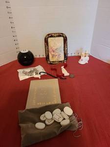 lot 7038 image: Mixed Lot Magic 8 Ball, Rune Stones with Book, Photo Frame, Wedding Figurine, Jeans Buttons