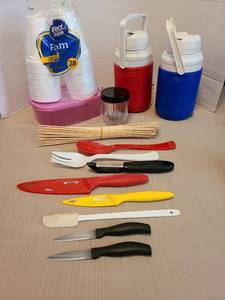 lot 7124 image: Coleman jugs, Zyliss kitchen knives, other kitchen utensils.