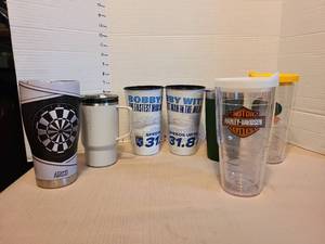 lot 7126 image: Harley Davidson plastic thermal cup, KC Royals Bobby Witt plastic cups, stainless cups.