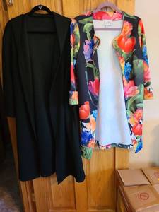 lot 7212 image: Ladies Joseph Ribkoff multicolored floral open jacket, size 10 and a black dress length open front sweater