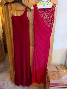 lot 7217 image: Two long formal redburgandy gowns, XS, S
