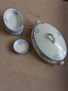 lot 22 image: Blue and White Porcelain Dinnerware Set with Covered Dish and Bowls