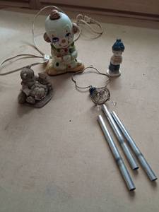 lot 29 image: Clown Figurine Lamp, Boy Figurine, Bear Figurine, Wind Chime 4-Piece Lot