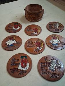 lot 31 image: Ralgro 9-Piece Leather Coaster Set with Cuff Bracelet