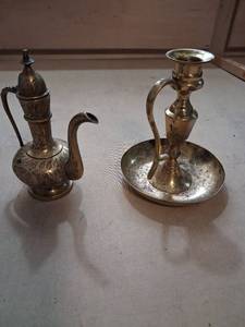 lot 33 image: 2-Piece Brass Decorative Ewer and Candlestick with Engraved Details