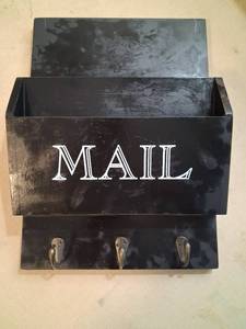 lot 39 image: Black Metal Wall-Mount Mail and Key Holder with Three Hooks