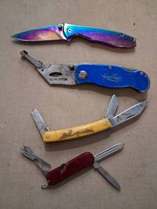 lot 47 image: 5 Folding Pocket Knives Multi-Tool Lot Sheffild Blue Yellow Rainbow