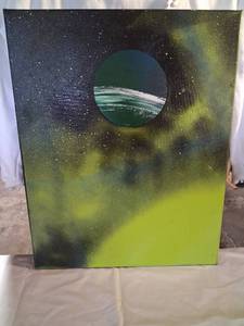 lot 54 image: Abstract Acrylic Painting on Canvas with Circular Detail, Approximately 16x20 inches