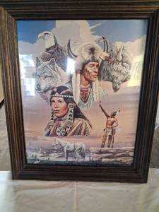 lot 55 image: Framed Print Native American Indian Portrait Eagle Wolf Art