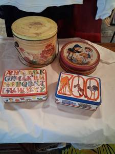 lot 120 image: Lot 4 Vintage Tin Containers Decorative Boxes Floral Alphabet Children