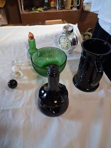 lot 155 image: Mixed Glass Lot Black Green Mug Decanter Bowl Candle Bottle Stoppers Clock 9pc