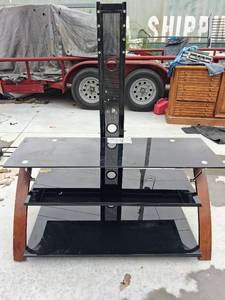 lot 167 image: TV Stand with 3 Black Glass Shelves and Center Support Pole