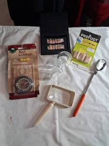 lot 180 image: Lot of miscellaneous items Map Compass, 1cm�Art press-on nails, ProFoot corn wraps, glass jar, magnifying glass, tools 6 items