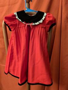 lot 8 image: Girls Red Pleated Dress with Black Collar and Trim