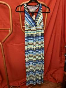lot 82 image: Womens Striped Maxi Dress Blue Yellow Black White Horizontal Stripes