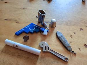 lot 177 image: Mixed Novelty Lot U.S. Air Force Keychain Mini Wrench Thimble Boot Figurine Pin Pendant