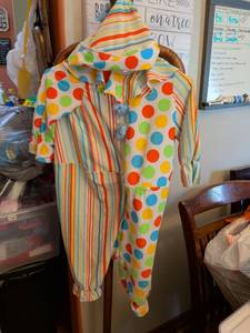 lot 241 image: Kids Clown Costume Jumpsuit Polka Dot Striped Pattern with Hood.